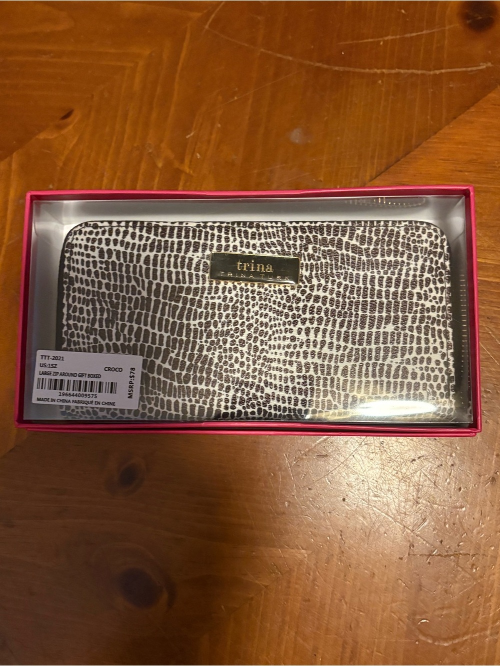 Trina Croc-Effect Zip Around Wallet in Black & White